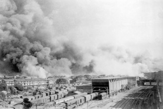 Destruction caused after massive fire at Victoria Dock that engulfed the Chinese ship Fort on 14