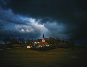 Dark storm clouds over a church