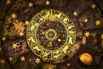Astrological zodiac background. Vintage illustration art, grunge design. Concept of destiny,