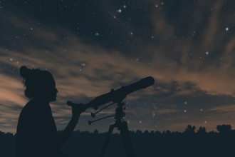 Woman with telescope. Night sky, with clouds and constellations, Aquarius, Aguila, Scutum,