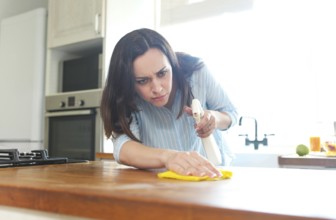 Brunette woman with rag and spray bottle cleaning wooden counter-top