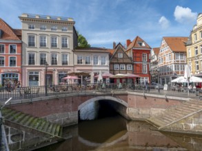 Brick-walled barrel-vaulted bridge Hudebrücke and stairs to the river Schwinge as well as historic