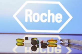 May 27, 2024, Brazil. In this photo illustration, the Hoffmann?La Roche logo is displayed on screen
