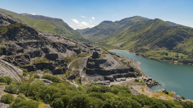 View from Dinorwic Quarry, near Llanberis, Gwynedd, Wales, UK, with Llyn Peris, the Dinorwig Power