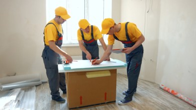 Preparatory phase of house renovation. Working group is studying a plan of apartment. Business