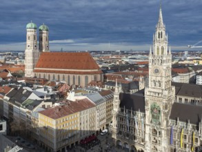 Beautiful view over the city centre of Munich, Germany: Different historic buildings with the