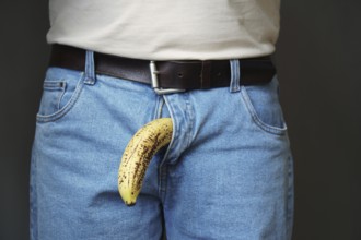 old limp drooping banana hanging from genital area of clothed unrecognizable man, impotence