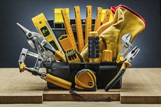 Toolbox with many building tools on wooden boards