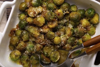 Healthy vegetarian dish roasted brussels sprouts with butter and parmesan cheese in white ceramic