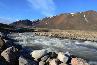 Meltwater river, after snowmelt, Anstead Point, Ellesmere Island, Nunavut, Canada, North America