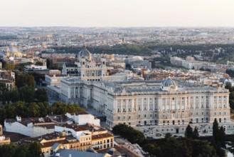Madrid city centre aerial panoramic view at sunset. Royal Palace