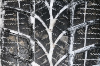 Closeup of car tires in winter. Winter tire with snow