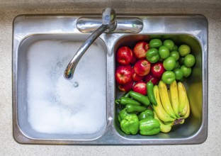 Washing vegetables and fruits on a sing with running water and soap