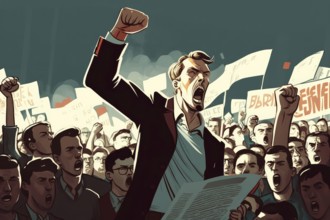 Crowd of People with their hands and fist raised in the air illustration. Revolution political