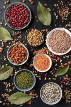 Various legumes, shot from the top on a dark background. Lentils, soybeans, chickpeas, red kidney