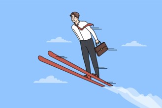 Businessman on ski jump high achieve work success or goals. Smiling man employee or worker strive