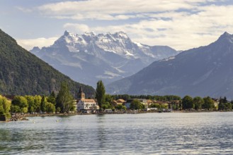 View of Villeneuve and the Dents du Midi mountain range, Lake Geneva, Lac Léman, Switzerland,