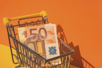 Euro paper currency 50 banknote money Shopping trolley cart on colorful orange yellow background.