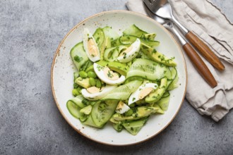 Healthy green avocado salad bowl with boiled eggs, sliced cucumbers, edamame beans, olive oil and