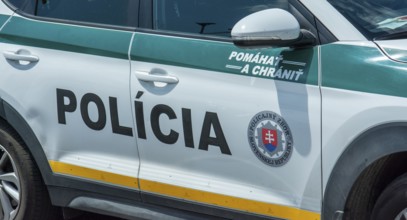 Nova Bana, Slovakia, July, 9, 2023 : The Slovak Police Force car. Police car in Slovakia, Europe