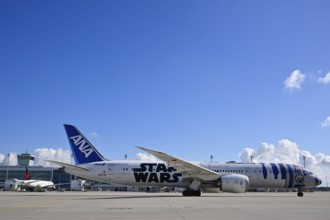 ANA Star Wars special aircraft Boeing B787 Dreamliner taxiing with control tower, Apron 2 East,