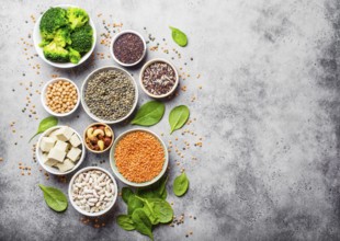 Top view of different vegan protein sources with space for text: beans, lentils, quinoa, tofu,