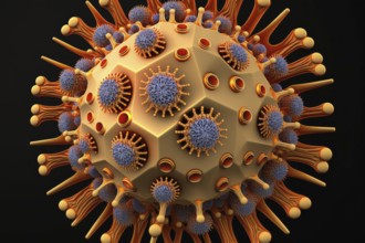 Virus cell under magnification, covid 19, illustration, 3d render. Illustration of colorful 3d cell