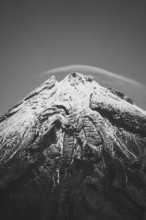 Black and white close-up of a snow-covered mountain peak, Mount Taranaki, New Zealand, Oceania