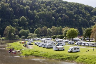 Campsite at Bad Karlshafen, Upper Weser Valley, Weser Uplands, Weserbergland, Hesse, Germany,