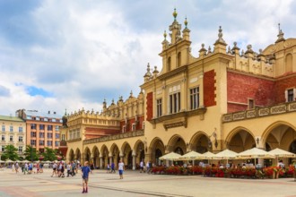Krakow, Poland, June 18, 2019: The Cloth Hall panorama in the main market square Rynek Glowny,