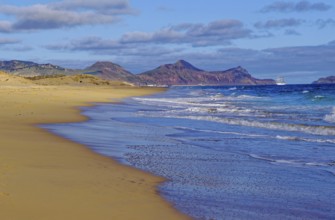 Beach, sand, sea, waves, ship, south coast, Atlantic Ocean, Porto Santo, Madeira Island