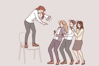 Woman manager shouts at subordinates through megaphone, intimidating employees to increase