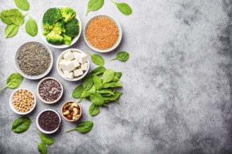 Top view of different vegan protein sources with space for text: beans, lentils, quinoa, tofu,