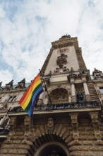 Hamburg Town Hall or Rathaus during Gay Pride Parade. Low angle view against sky