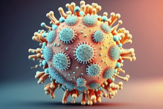 Virus cell under magnification, covid 19, illustration, 3d render. Illustration of colorful 3d cell