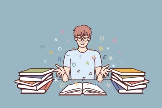 Boy student reads books and gets new knowledge from classical literature or professional textbooks.