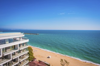 View from a hotel onto the endless golden beach on the blue (black) sea, Golden Sands, Varna,