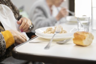 Close up of an elderly woman having lunch at retirement home.