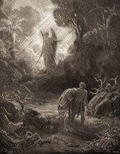 Adam and Eve are driven out of Eden, Old Testament, woodcut by Gustave Doré