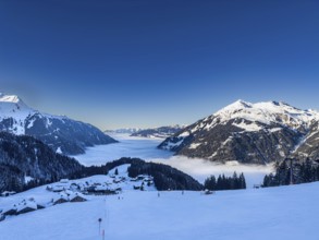 Snow-covered winter landscape near Garfrescha in the Silvretta Montafon ski area in Vorarlberg,