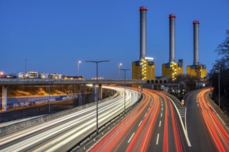 Motorway and power station seen at night in Berlin, Germany, Europe