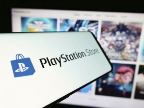 Stuttgart, Germany, 02-14-2024: Smartphone with logo of gaming online shop PlayStation Store (PS