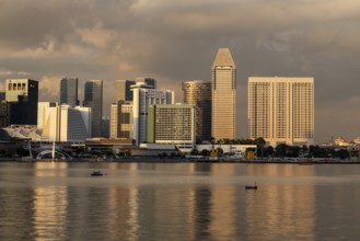 Skyline at sunset with Pan Pacific skyscraper and Mandarin Oriental Hotel, Marina Bay, Singapore,