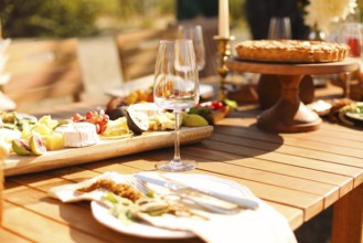 Empty wineglass placed near board with fruits on banquet table on sunny summer day