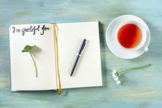 Open gratitude journal with a pen and a cup of tea, with the handwritten phrase I am grateful for