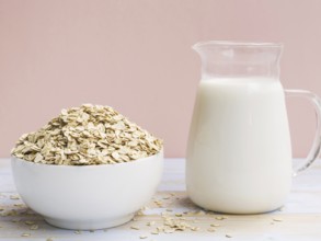 Breakfast with oatmeal bowl milk. Resolution and high quality beautiful photo