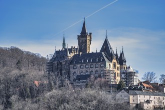 A view of the castle in Wernigerode under a blue sky