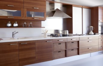 Red wood kitchen white kitchen bench modern interior decoration