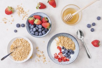 Top view breakfast with cereals fruits