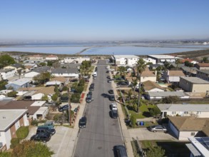 Aerial view of Imperial beach residential area and San Diego Bay on the background, San Diego,